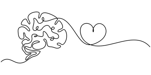 One line drawing of half of a human brain and a human heart. Vector illustration, One continuous line drawing of  human brain and love heart shape logo icon. Balance. Psychological split affection.