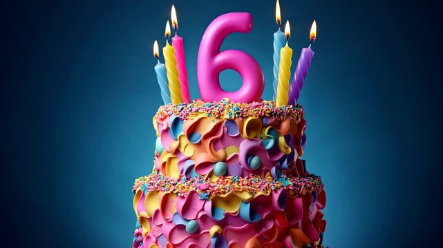 Colorful celebration: cake with number 6 candle and vibrant confetti explosion