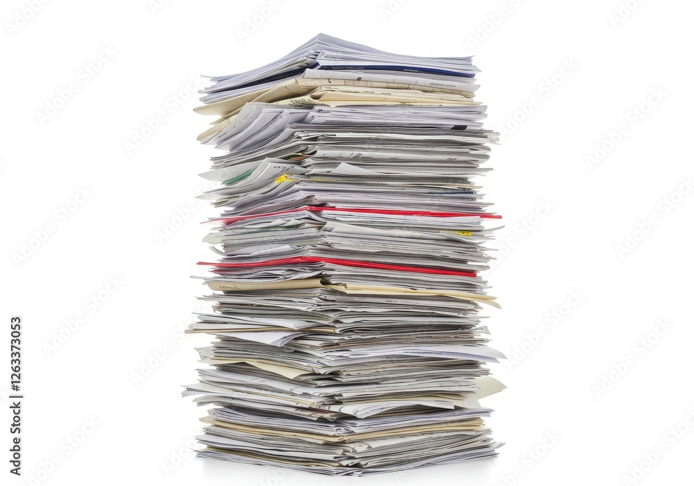 Poster a tall stack of various papers and files in disorganized piles isolated on a white background