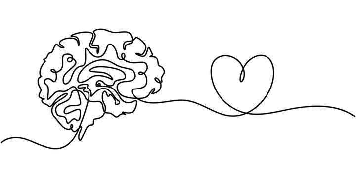 One line drawing of half of a human brain and a human heart. Vector illustration, One continuous line drawing of  human brain and love heart shape logo icon. Balance. Psychological split affection.