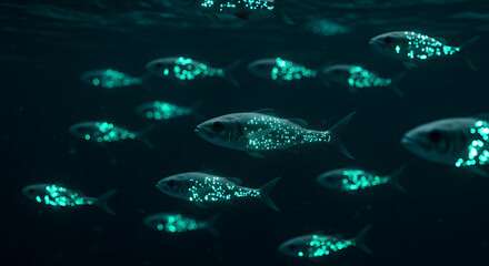 Stunning underwater scene of bioluminescent fish swimming in dark ocean depths beautiful aquatic life glowing fish schooling on transparent background