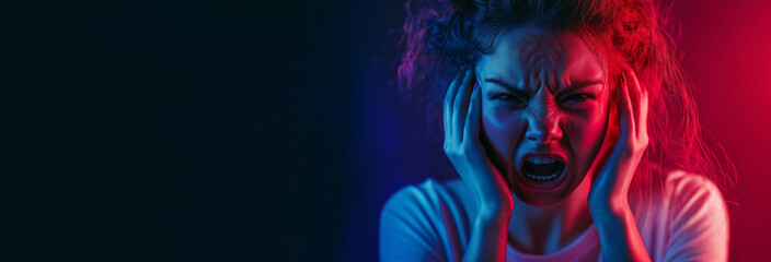 Angry, screaming and depressed crying girl in studio