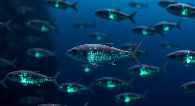 Stunning underwater scene with glowing fish school swimming in deep blue ocean water digital art technology futuristic on transparent background sea