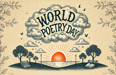 World Poetry Day. Vintage Illustration Literary Celebration. Vintage Books and Poetry Celebration. Artistic Tribute to Poets and Literature