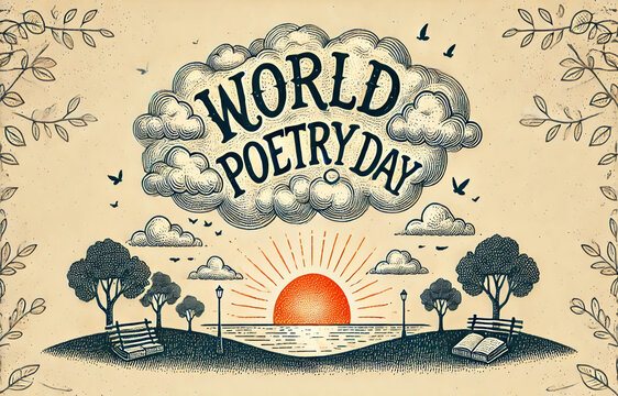 World Poetry Day.  Vintage Illustration Literary Celebration. Vintage Books and Poetry Celebration. Artistic Tribute to Poets and Literature