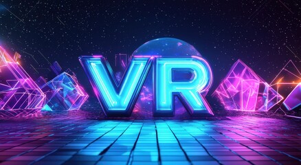 Neon geometric VR logo in a futuristic digital environment