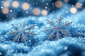 Delicate snowflakes quietly settle against a serene soft blue backdrop, all while gentle snow falls around them, illuminated by glimmering lights during the enchanting winter season