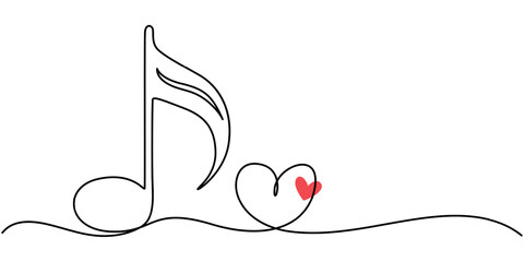 Abstract note as continuous lines drawing on white background. Vector, Treble clef continuous one line drawing. Music note with love sign. Isolated on white background vector illustration. Pro vector.