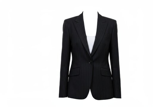 A tailored black pinstriped women blazer with a white shirt underneath isolated on a white background