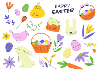 A festive collection of Easter-themed elements, including rabbits, chicks, Easter eggs, flowers, and holiday treats. Ideal for greeting cards, invitations, decorations, and digital designs