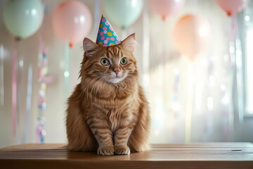 Ginger cat wearing party hat celebrating birthday
