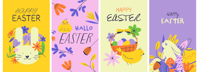 A collection of four vibrant Easter greeting cards featuring cute rabbits, chicks, floral elements, and festive decorations. Perfect for Easter invitations, social media posts, and seasonal designs