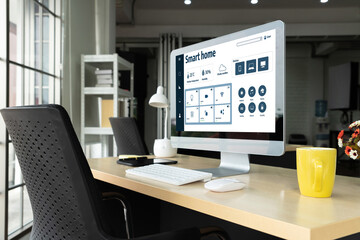 Smart home technology, centric remote control system with digital dashboard for air conditioning, safety security network or house automation. App software, ui panel programming IOT monitor snugly