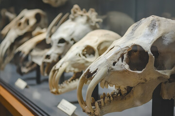 Fototapeta premium Animal skulls in a museum, representing extinct species and the passage of time