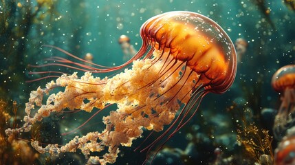 Bright red plastic straw pierces jellyfish in murky green underwater landscape