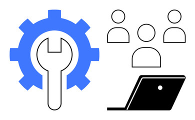 Large blue gear with a wrench in the center, three human figures, and a laptop. Ideal for teamwork, collaboration, problem-solving, technical support, digital tools, business solutions online