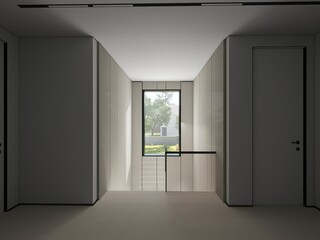 A minimalist hallway with a large window at the end, providing natural light. The clean lines and neutral colors create a serene and inviting space
