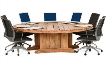 Modern Conference Room with Round Wooden Table and Laptops on a White Background for Professional Business Meetings or Collaborative Workspaces