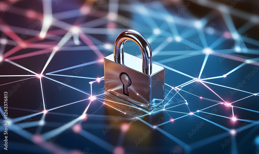 Poster digital security lock protecting data network connection with glowing nodes and lines
