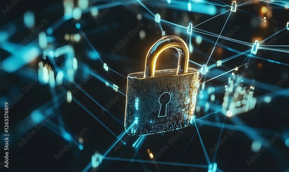 Poster digital padlock network security concept with geometric abstract lines and dots
