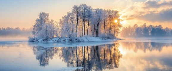 Frosty sunrise over calm lake, snow-covered island, winter scene