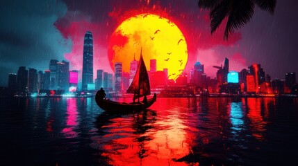 Obraz premium Crimson Cityscape: A lone sailboat navigates a futuristic harbor under a fiery, crimson sun, creating a surreal and atmospheric scene.