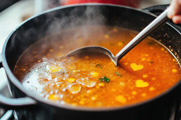 A lentil soup pot with bubbles shaped like hearts, waving a ladle