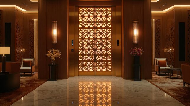 Luxurious hotel elevator lobby, ornate doors, elegant seating area, warm lighting