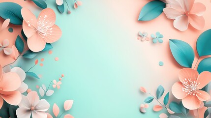 Peach and Teal Paper Flowers with Leaves Background