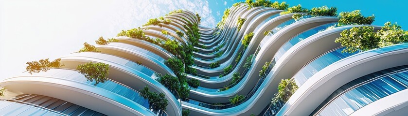 Eco-friendly skyscraper, city view, balconies, plants.  Sustainable architecture design