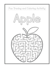 Fun Tracing and Coloring Activity, Apple Maze Puzzle Worksheet for Kids