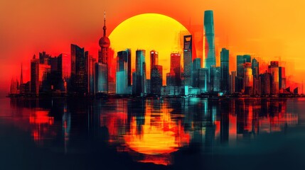 Fototapeta premium Shanghai Skyline at Sunset: A Vibrant Cityscape