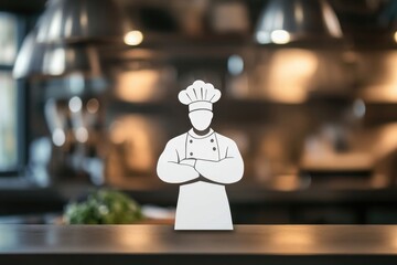 A minimalist silhouette of a chef stands proudly in a sophisticated kitchen, embodying professionalism and artistry in culinary creation and food presentation.