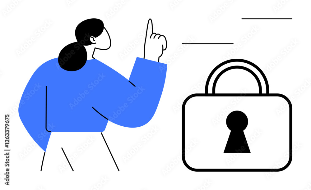 Poster person pointing with index finger at a large security lock. ideal for cybersecurity, data protection