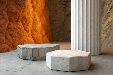 Two Hexagonal Concrete Platforms With Rock Texture Background And White Column