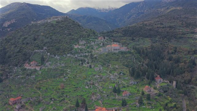 Uphill tow and castle of Mystras, Sparta, Peloponnese, Greece.