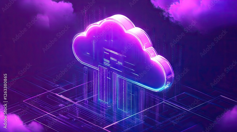Poster cloud security concept with a glowing shield and server infrastructure, ensuring data encryption.
