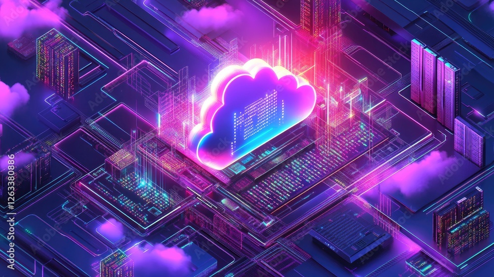Poster cloud security concept with a glowing shield and server infrastructure, ensuring data encryption.