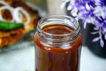 Imli ki Chutney, Tamarind sauce, Sauce in glass bottle                                                          