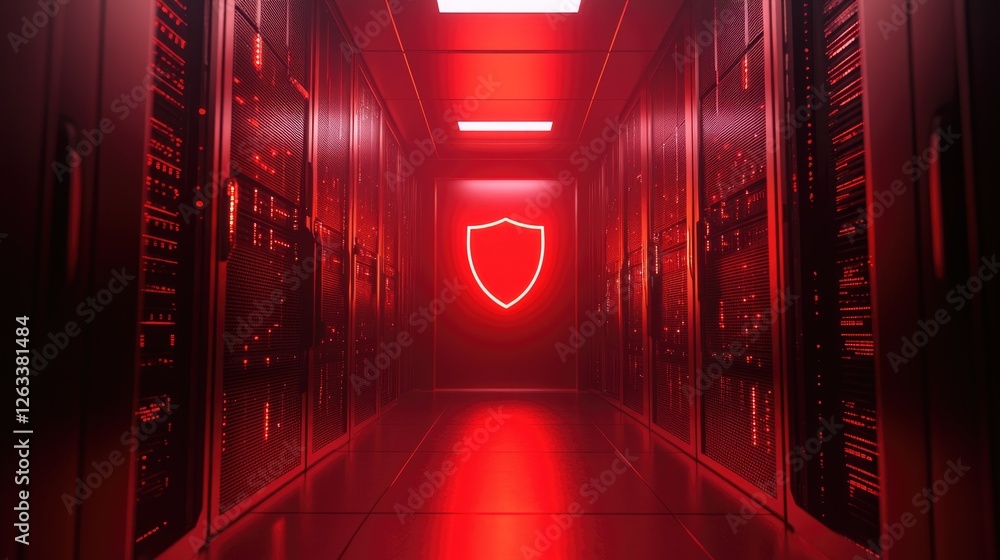Poster cybersecurity visualization with a digital shield icon protecting sensitive server data.
