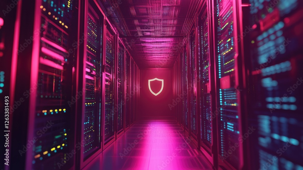 Poster cybersecurity visualization with a digital shield icon protecting sensitive server data.