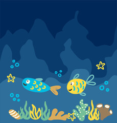 Colorful cute hand drawn fish swimming in a vibrant underwater scene with coral and starfish for kids design vector illustration