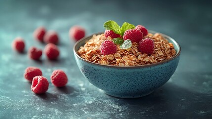 Delicious bowl of granola topped with fresh raspberries and mint leaves on a textured surface