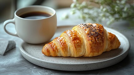Freshly baked croissant served with black coffee in a cozy cafe setting during morning hours