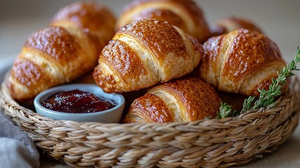 Freshly baked croissants served with jam in a woven basket on a rustic table