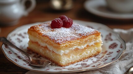 Delightful dessert with cream and raspberries served on a vintage plate in a cozy cafe setting