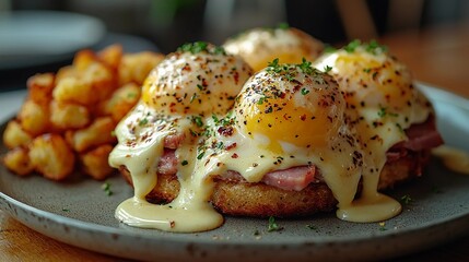 Delicious eggs benedict served with crispy potatoes in a cozy brunch setting