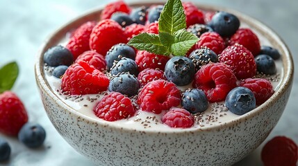 Colorful berry bowl with yogurt and chia seeds garnished with mint leaves for a healthy breakfast option