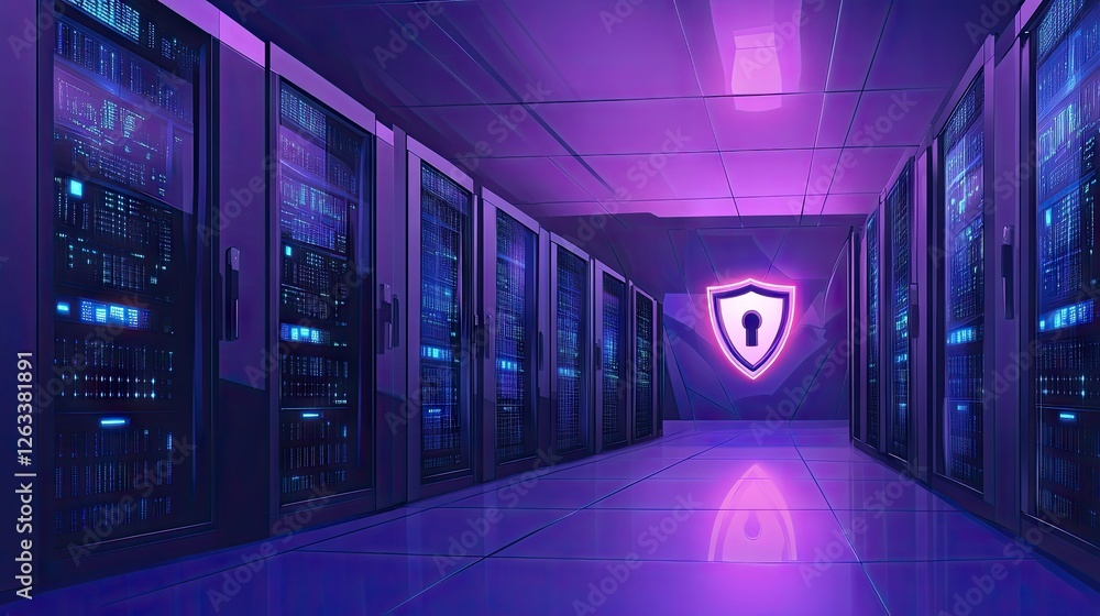 Poster digital security fortress with encrypted cloud servers and a shining shield of protection.