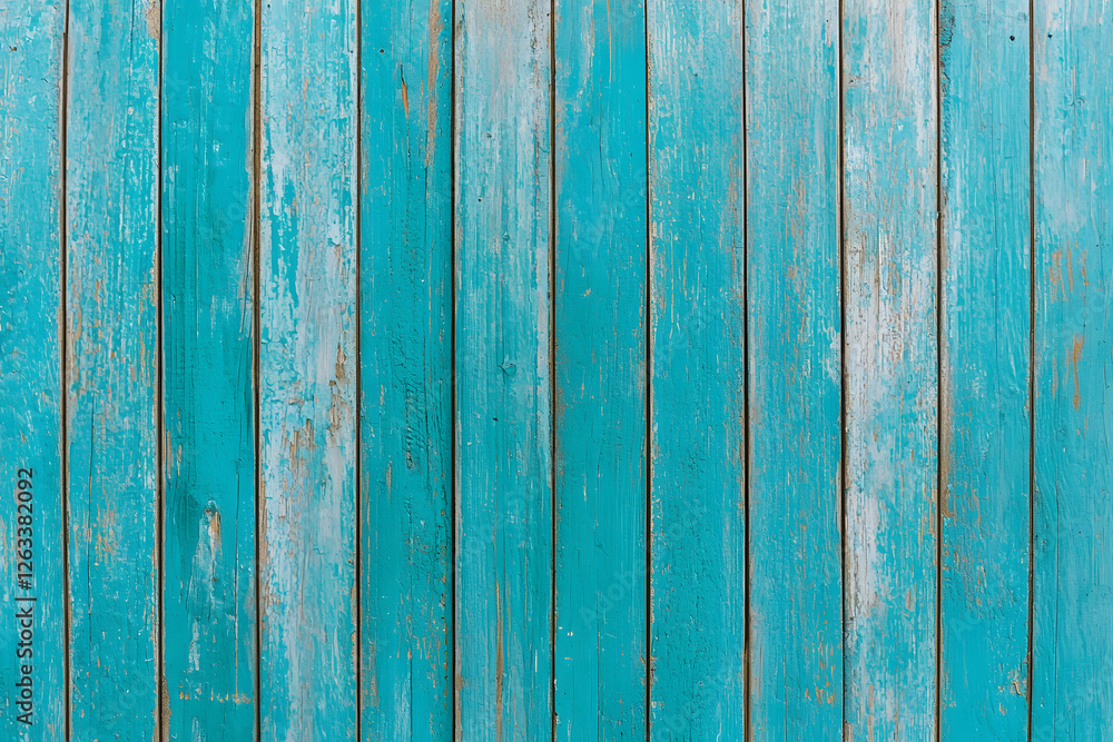Poster wooden planks painted in teal, with a distressed and weathered finish, creating a rustic and texture